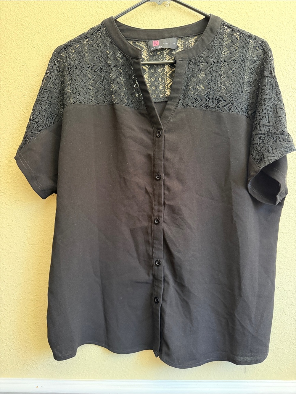 Women's Black Short-Sleeve Button-Front Blouse with Lace Yoke